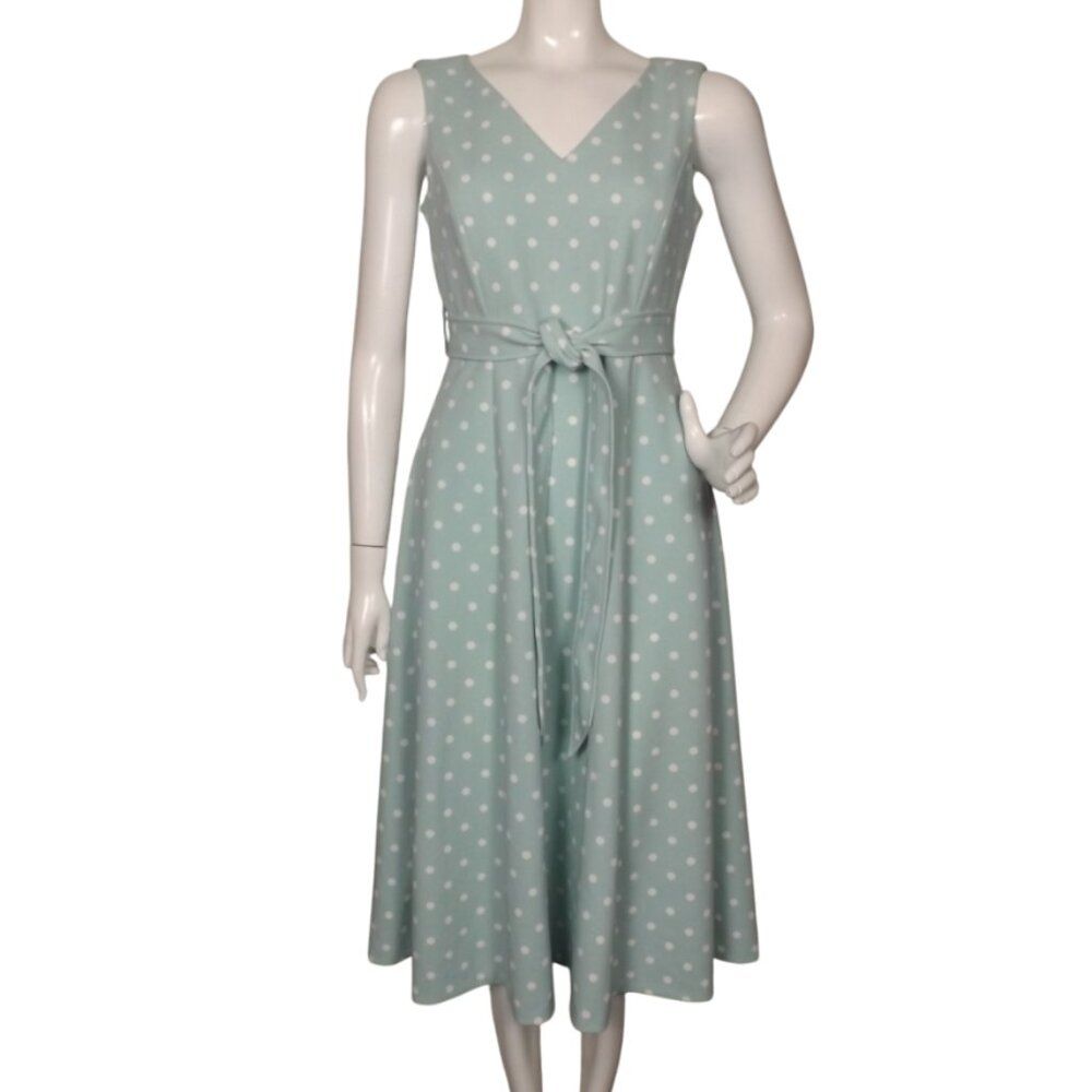 Calvin Klein Dress, 6, Mint/White Polka Dots, Midi, A-Line, Belt, Sleeveless